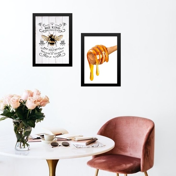 Kit 2 Quadros Cozinha Abelha Mel 33x24cm - Com Vidro Moldura: