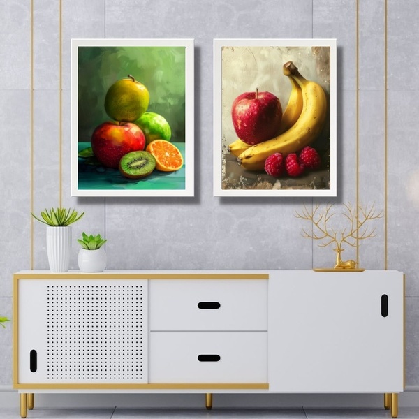 Kit 2 Quadros Cozinha - Arte Frutas 45x34cm Moldura Branca
