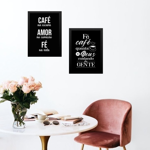 Kit 2 Quadros Cozinha Café Com Fé 45x34cm - Com Vidro Moldura