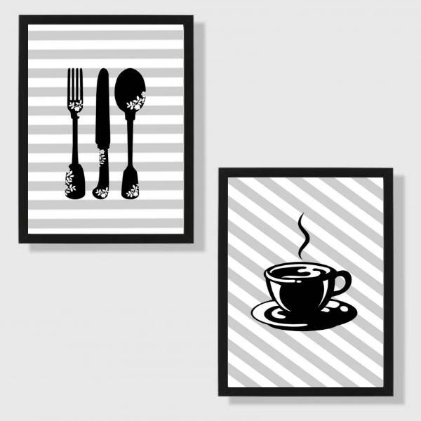 Kit 2 Quadros Cozinha/café Listrado 24x18cm Moldura:madeira P
