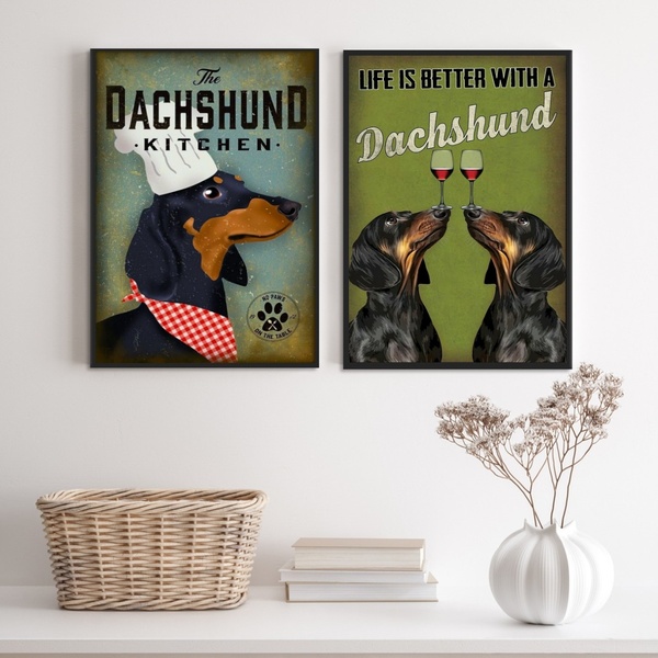 Kit 2 Quadros Cozinha Cão Dachshund 45x34cm Moldura:madeira B