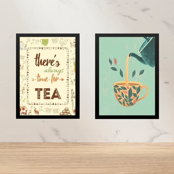 Kit 2 Quadros Cozinha - Chá 24x18cm Moldura Branca