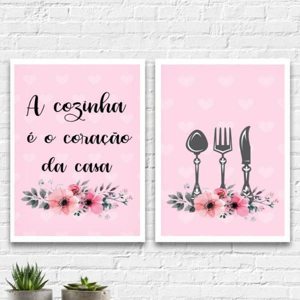 Kit 2 Quadros Cozinha Coração Da Casa Rosa 33x24cm Moldura:ma
