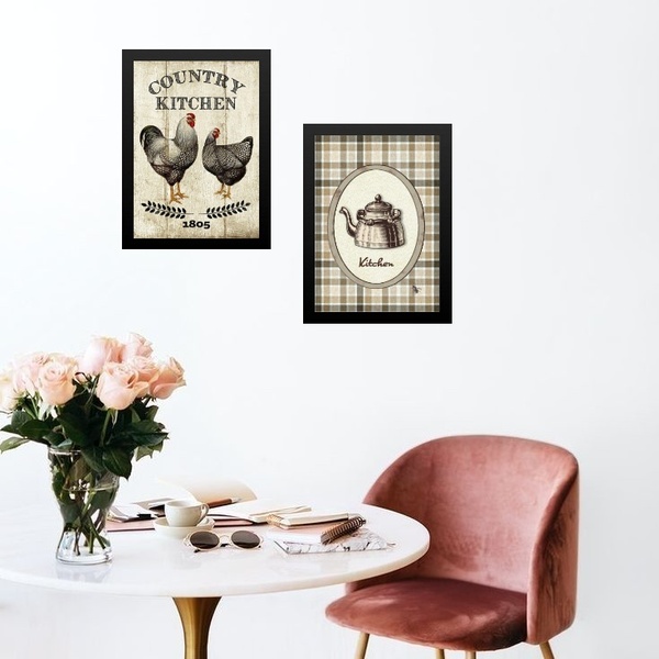 Kit 2 Quadros Cozinha Country Kitchen 24x18cm - Com Vidro Mol