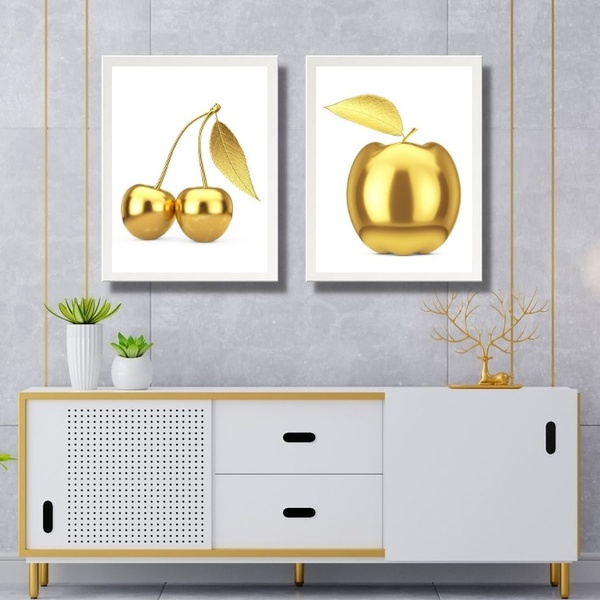 Kit 2 Quadros Cozinha Frutas Douradas 33x24cm - Com Vidro Mol
