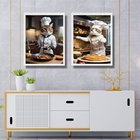 Kit 2 Quadros Cozinha Gatos Chefs 45x34cm - Com Vidro Moldura