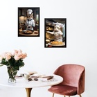 Kit 2 Quadros Cozinha Gatos Chefs 45x34cm - Com Vidro Moldura