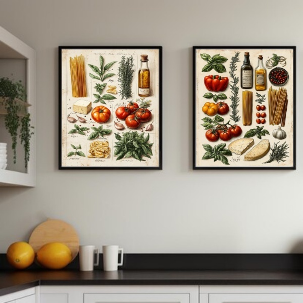 Kit 2 Quadros Cozinha Italiana Vintage - Ingredientes 45x34cm