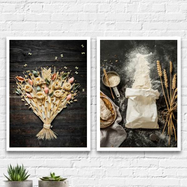 Kit 2 Quadros Cozinha Massas E Trigo 33x24cm - Com Vidro Mold
