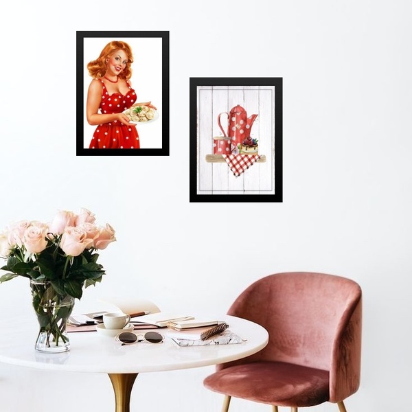 Kit 2 Quadros Cozinha Retrô Pin Up Vermelha 24x18cm - Com Vid