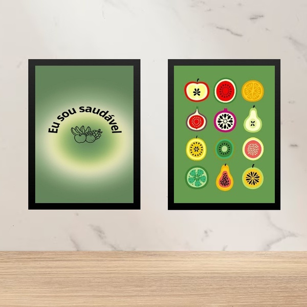 Kit 2 Quadros Cozinha Saudável 24x18cm Moldura Branca