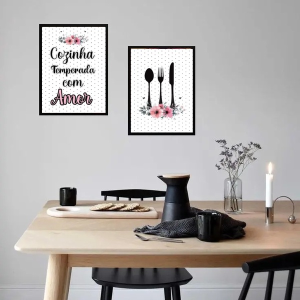 Kit 2 Quadros Cozinha Temperada - Rosa 33x24cm Moldura Preta