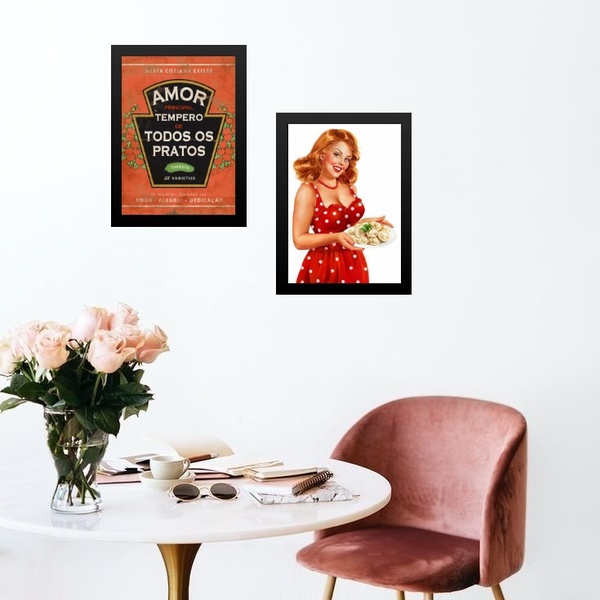 Kit 2 Quadros Cozinha Vintage Vermelha 24x18cm - Com Vidro Mo