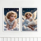 Kit 2 Quadros Criança Anjo 33x24cm - Com Vidro Moldura Branca