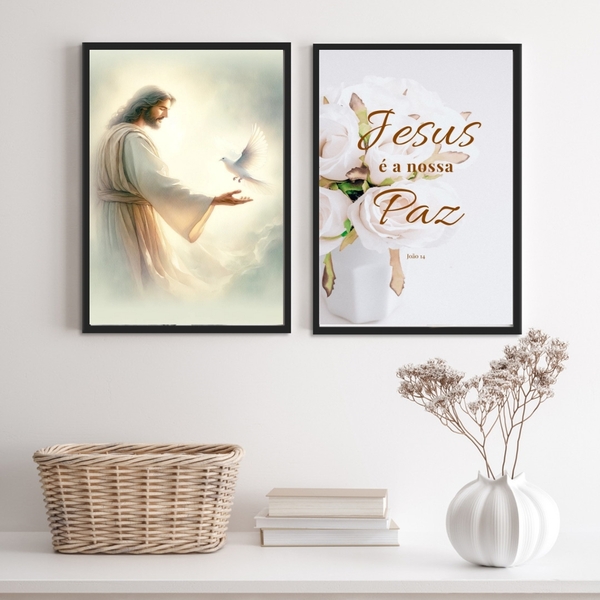 Kit 2 Quadros Cristãos Jesus É A Nossa Paz 24x18cm Moldura:ma