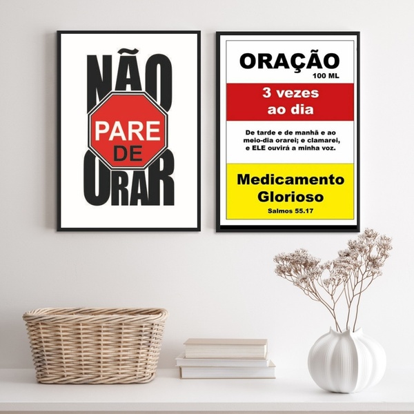 Kit 2 Quadros Cristãos Oração - Medicamento 24x18cm - Com Vid