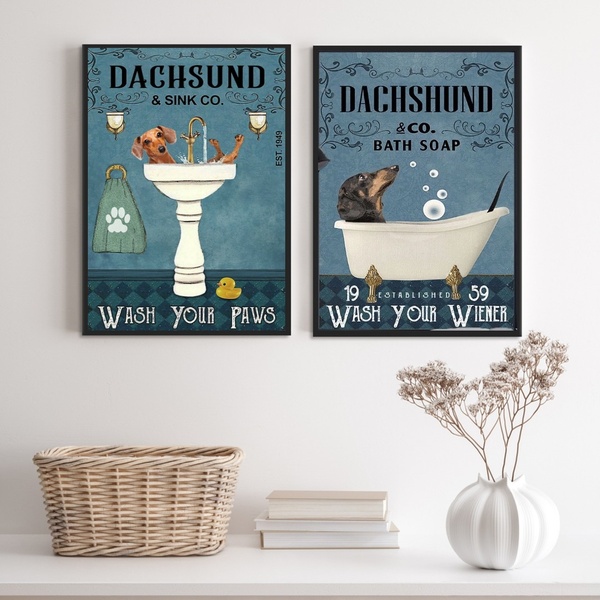 Kit 2 Quadros De Banheiro Cão Dachshund 33x24cm Moldura:madei