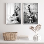 Kit 2 Quadros Decoração Banheiro - Girafas 45x34cm - Com Vidr