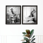 Kit 2 Quadros Decoração Banheiro - Girafas 45x34cm - Com Vidr