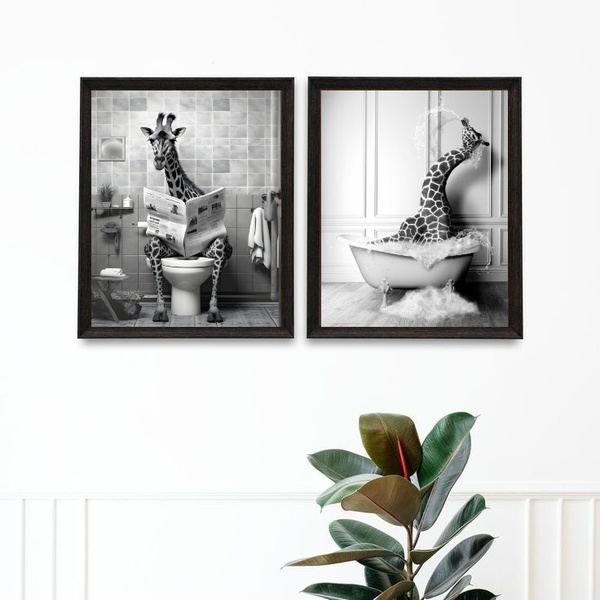 Kit 2 Quadros Decoração Banheiro - Girafas 45x34cm - Com Vidr