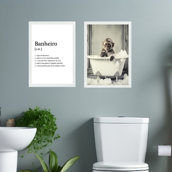 Kit 2 Quadros Decorar Banheiro - Macaquinho 45x34cm Moldura P