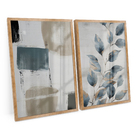 Kit 2 Quadros Decorativo Abstrato Mural Floral Azul Ciano Ele