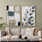 Kit 2 Quadros Decorativo Abstrato Mural Floral Azul Ciano Ele