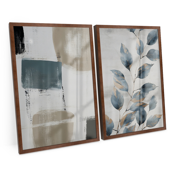 Kit 2 Quadros Decorativo Abstrato Mural Floral Azul Ciano Ele