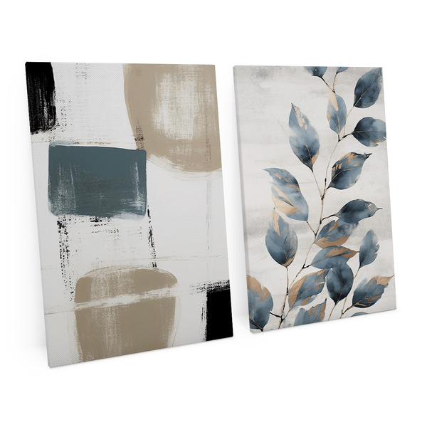 Kit 2 Quadros Decorativo Abstrato Mural Floral Azul Ciano Min