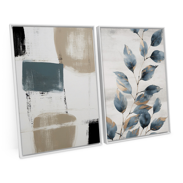 Kit 2 Quadros Decorativo Abstrato Mural Floral Azul Ciano Min