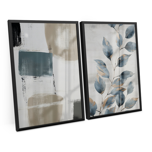 Kit 2 Quadros Decorativo Abstrato Mural Floral Azul Ciano Min