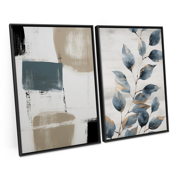 Kit 2 Quadros Decorativo Abstrato Mural Floral Azul Ciano Min