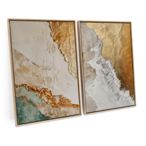 Kit 2 Quadros Decorativo Abstrato Ouro E Areia Sofisticado Pa