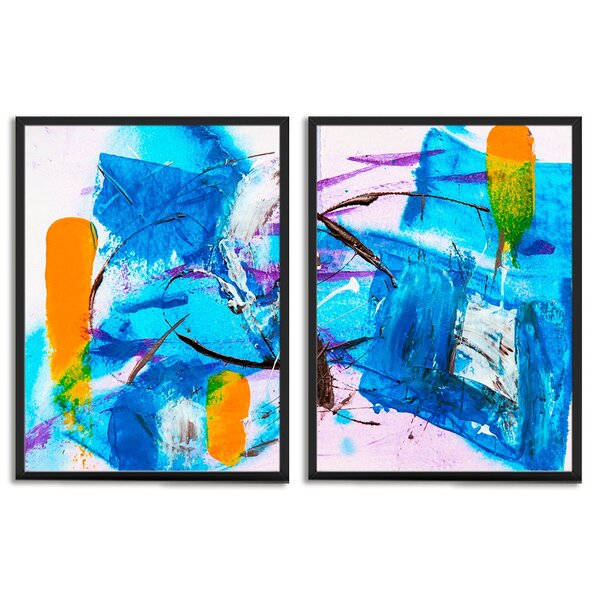 Kit 2 Quadros Decorativos Abstrato Azul Roxo E Amarelo
