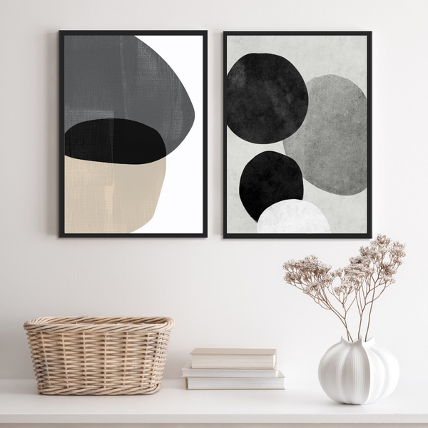 Kit 2 Quadros Decorativos Abstratos- Círculos Cinza 45x34cm -