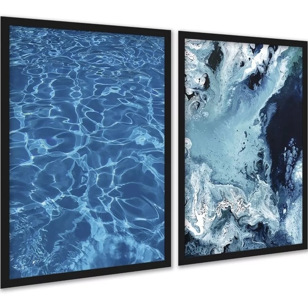 Kit 2 Quadros Decorativos Água Do Mar 45x34cm Moldura Preta