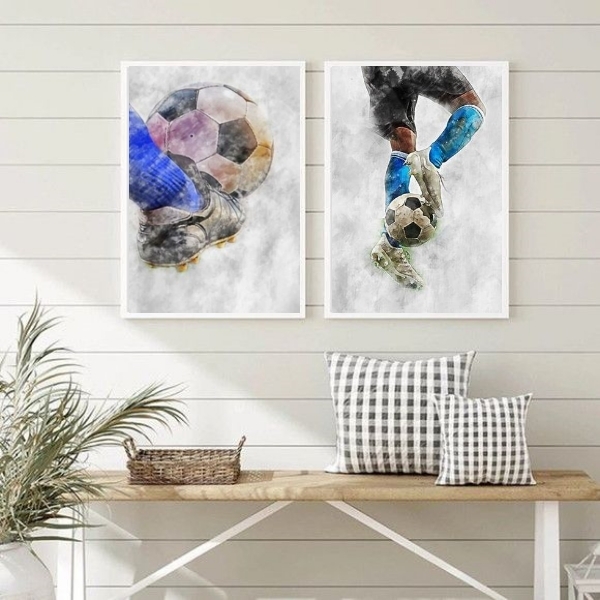 Kit 2 Quadros Decorativos Aquarela Futebol 45x34cm Moldura:ma