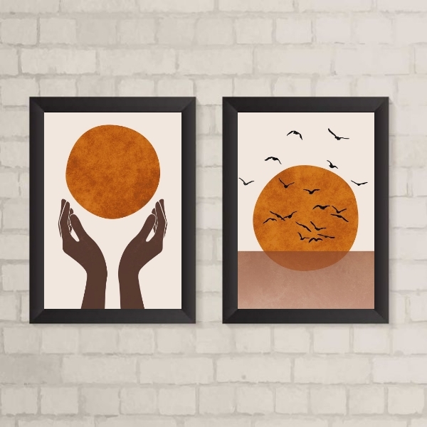 Kit 2 Quadros Decorativos Arte Boho sol 33x24cm Moldura:madei