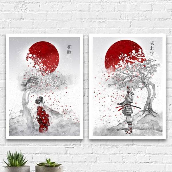 Kit 2 Quadros Decorativos Arte Japonesa 45x34cm - Com Vidro M