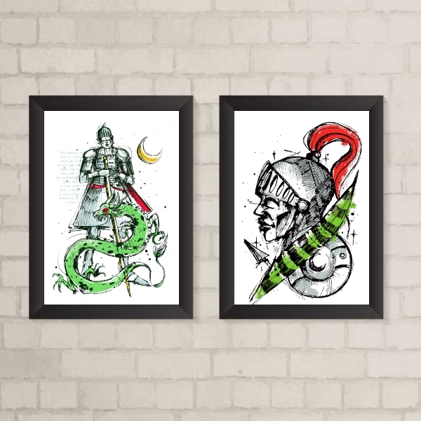 Kit 2 Quadros Decorativos Arte São jorge 45x34cm - Com Vidro