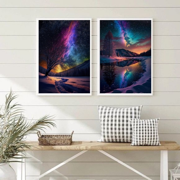 Kit 2 Quadros Decorativos Aurora Boreal 33x24cm - Com Vidro M