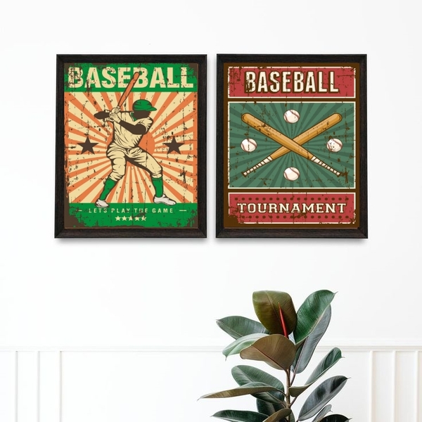 Kit 2 Quadros Decorativos Baseball Retrô 45x34cm - Com Vidro