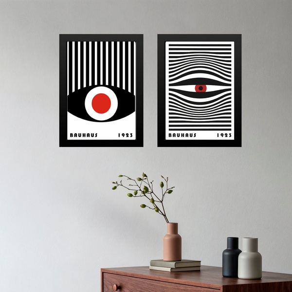 Kit 2 Quadros Decorativos Bauhaus Olhos Listras 33x24cm - Com