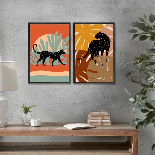 Kit 2 Quadros Decorativos Boho - Leopardos 45x34cm - Com Vidr