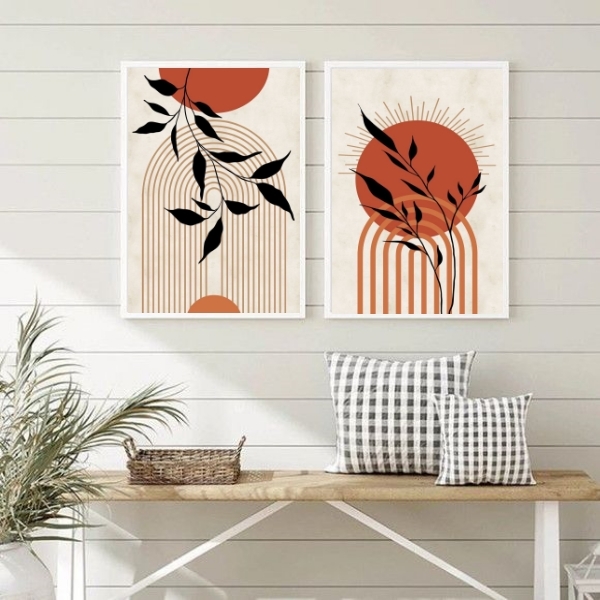 Kit 2 Quadros Decorativos Boho Sol Folhas Terracota 24x18cm -