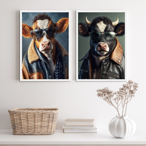 Kit 2 Quadros Decorativos Boi Fashion 45x34cm - Com Vidro Mol