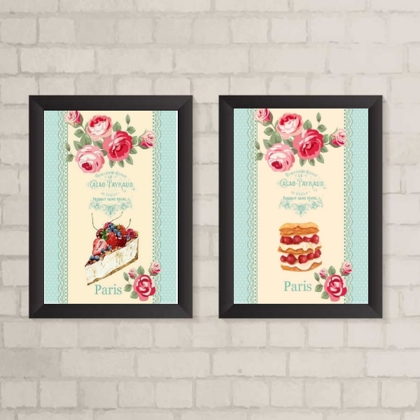 Kit 2 Quadros Decorativos Bolos Patisserie 24x18cm - Com Vidr