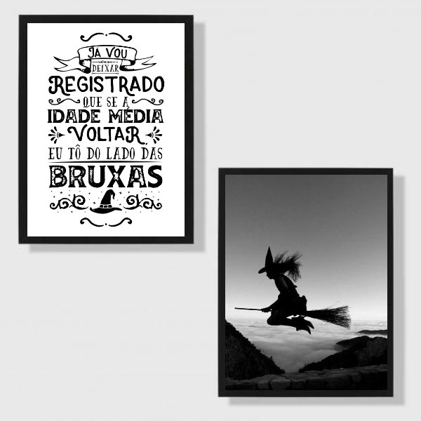 Kit 2 Quadros Decorativos Bruxas 24x18cm - Com Vidro Moldura:
