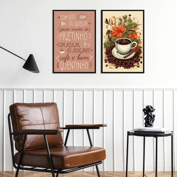 Kit 2 Quadros Decorativos Café Quentinho 33x24cm - Com Vidro