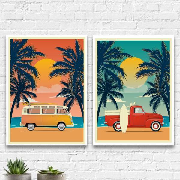 Kit 2 Quadros Decorativos Carros Na Praia 33x24cm Moldura:mad